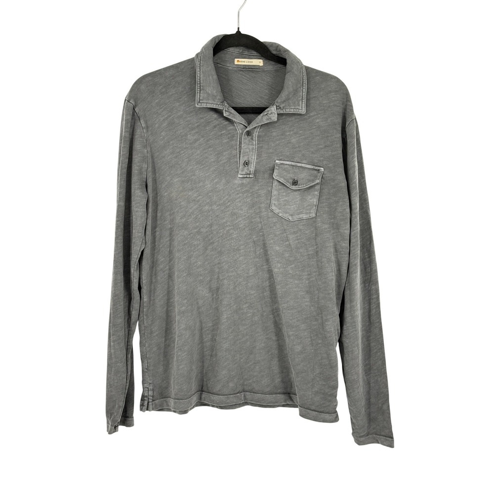 Marine Layer Mens Long Sleeve Polo Shirt Gray Slub Knit Pocket Small Utility Gor